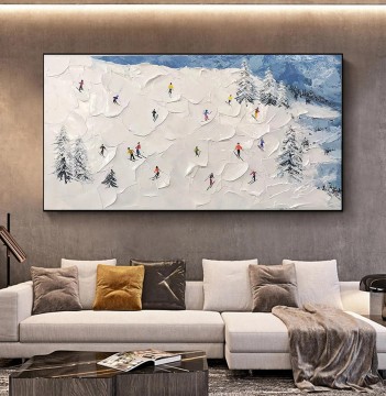 パレットナイフのウォールアートミニマリズムによる雪山のスキーヤー Oil Paintings